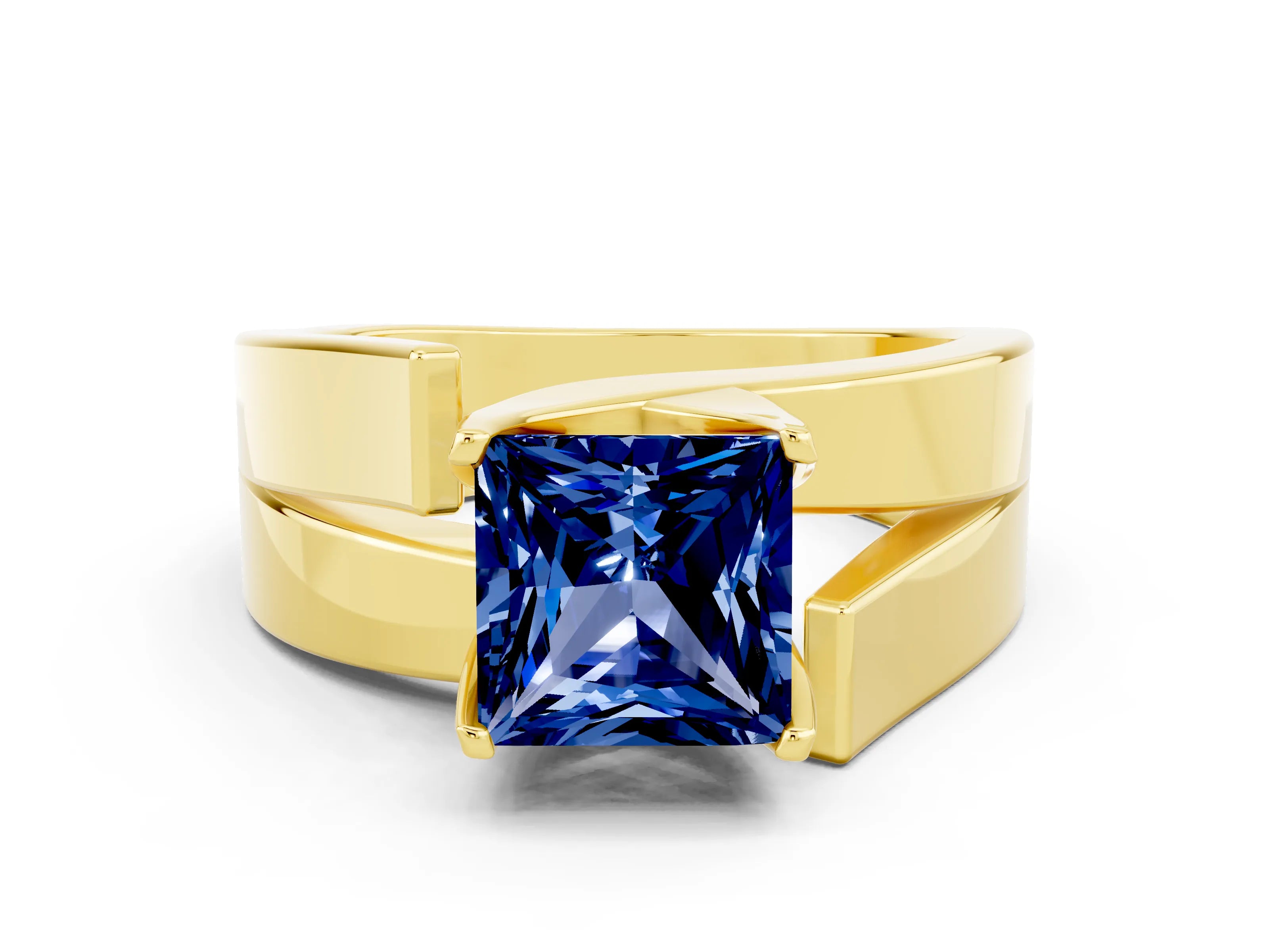 Yellow gold Modern Tension Set Princess Cut Blue Sapphire Solitaire Wide Band Ring