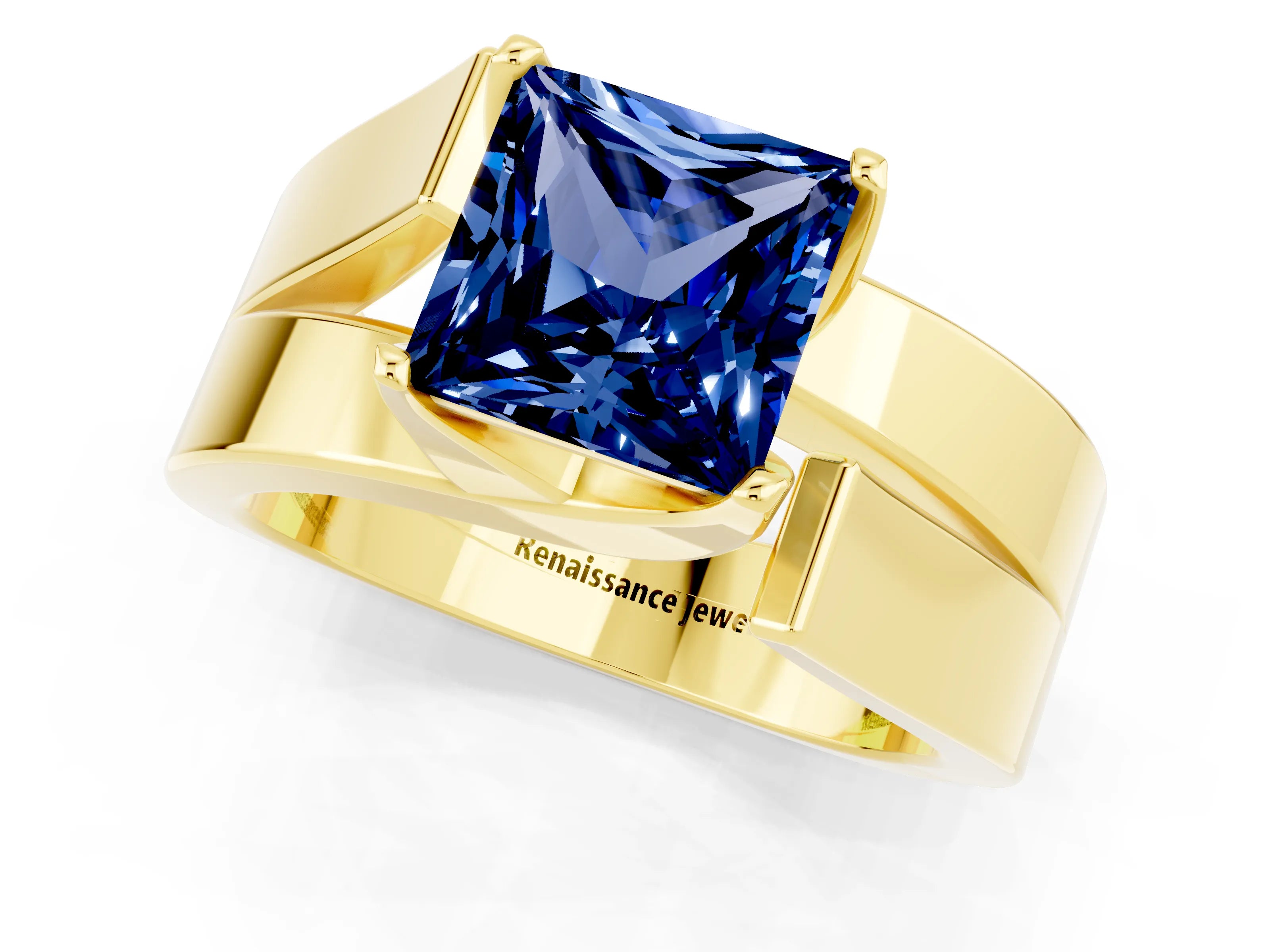 Yellow gold Modern Tension Set Princess Cut Blue Sapphire Solitaire Wide Band Ring_1