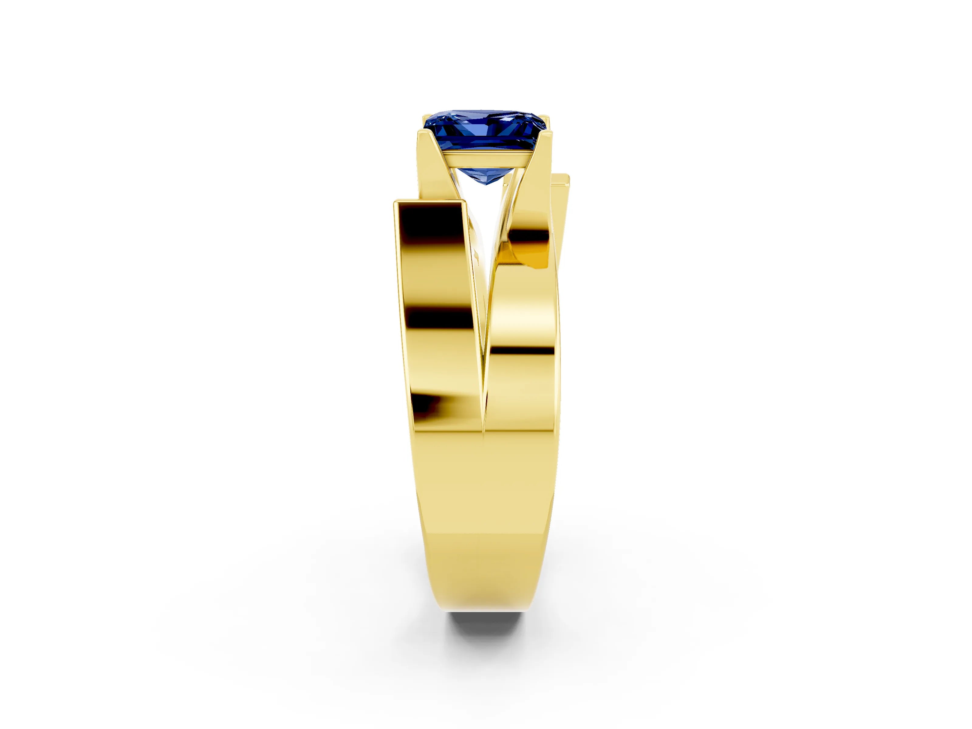 Yellow gold Modern Tension Set Princess Cut Blue Sapphire Solitaire Wide Band Ring_2