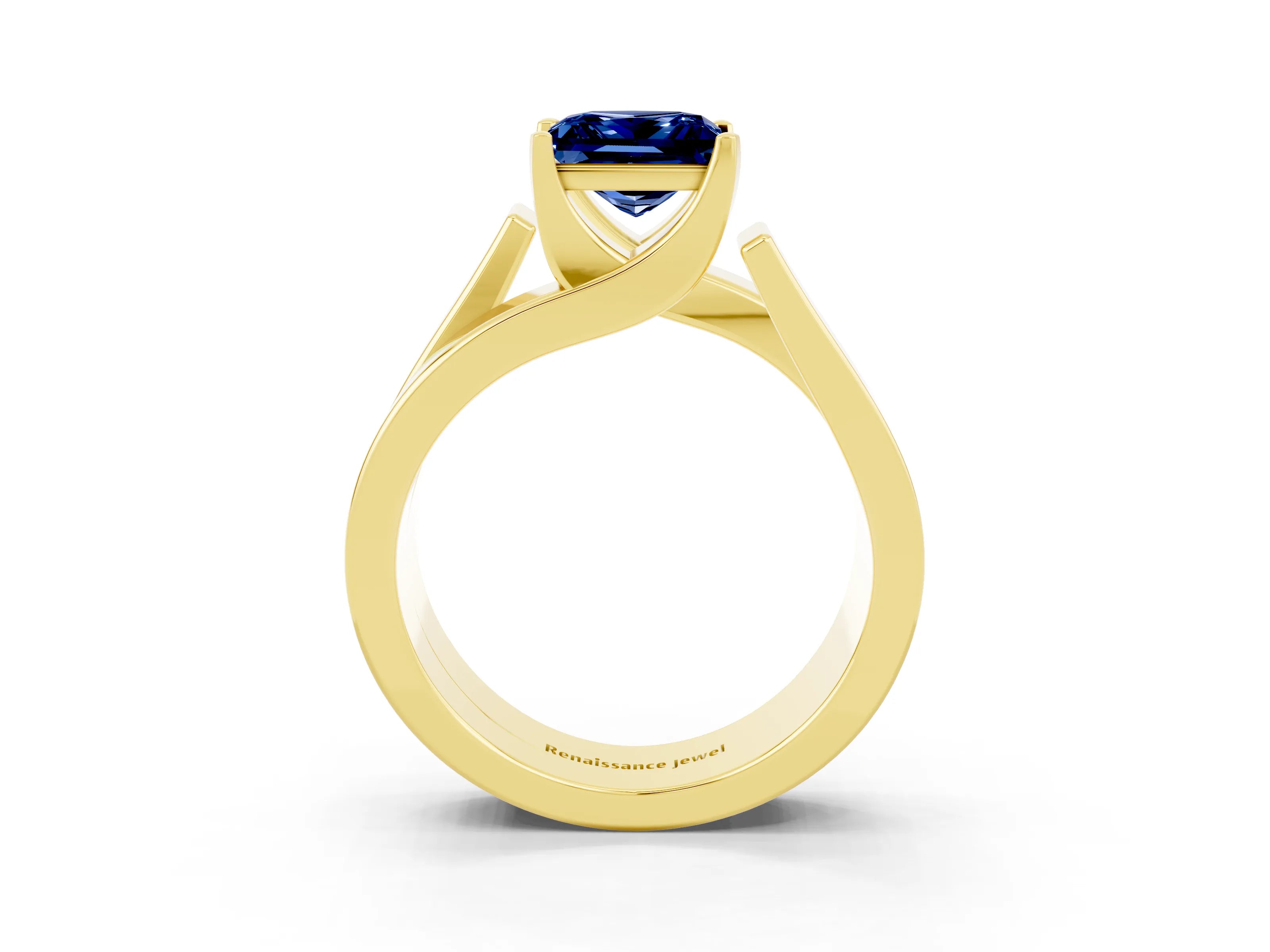 Yellow gold Modern Tension Set Princess Cut Blue Sapphire Solitaire Wide Band Ring_3
