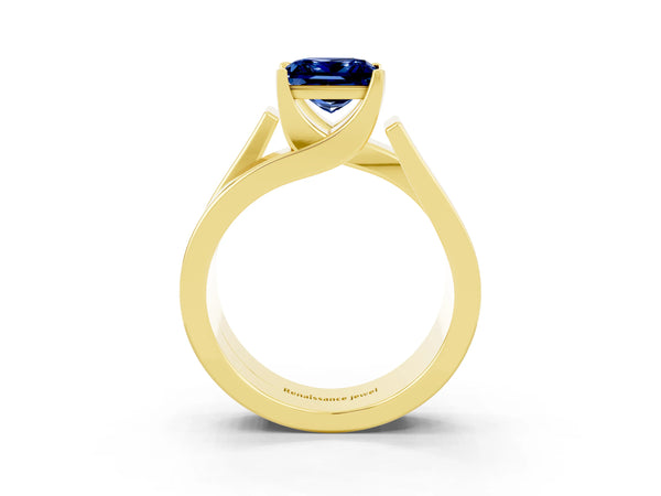 Yellow gold Modern Tension Set Princess Cut Blue Sapphire Solitaire Wide Band Ring