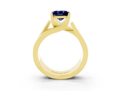 Yellow gold Modern Tension Set Princess Cut Blue Sapphire Solitaire Wide Band Ring_3