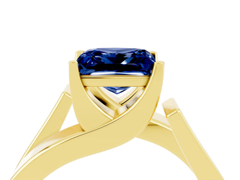 Yellow gold Modern Tension Set Princess Cut Blue Sapphire Solitaire Wide Band Ring_4