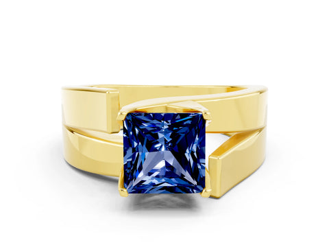 Yellow gold Modern Tension Set Princess Cut Blue Sapphire Solitaire Wide Band Ring