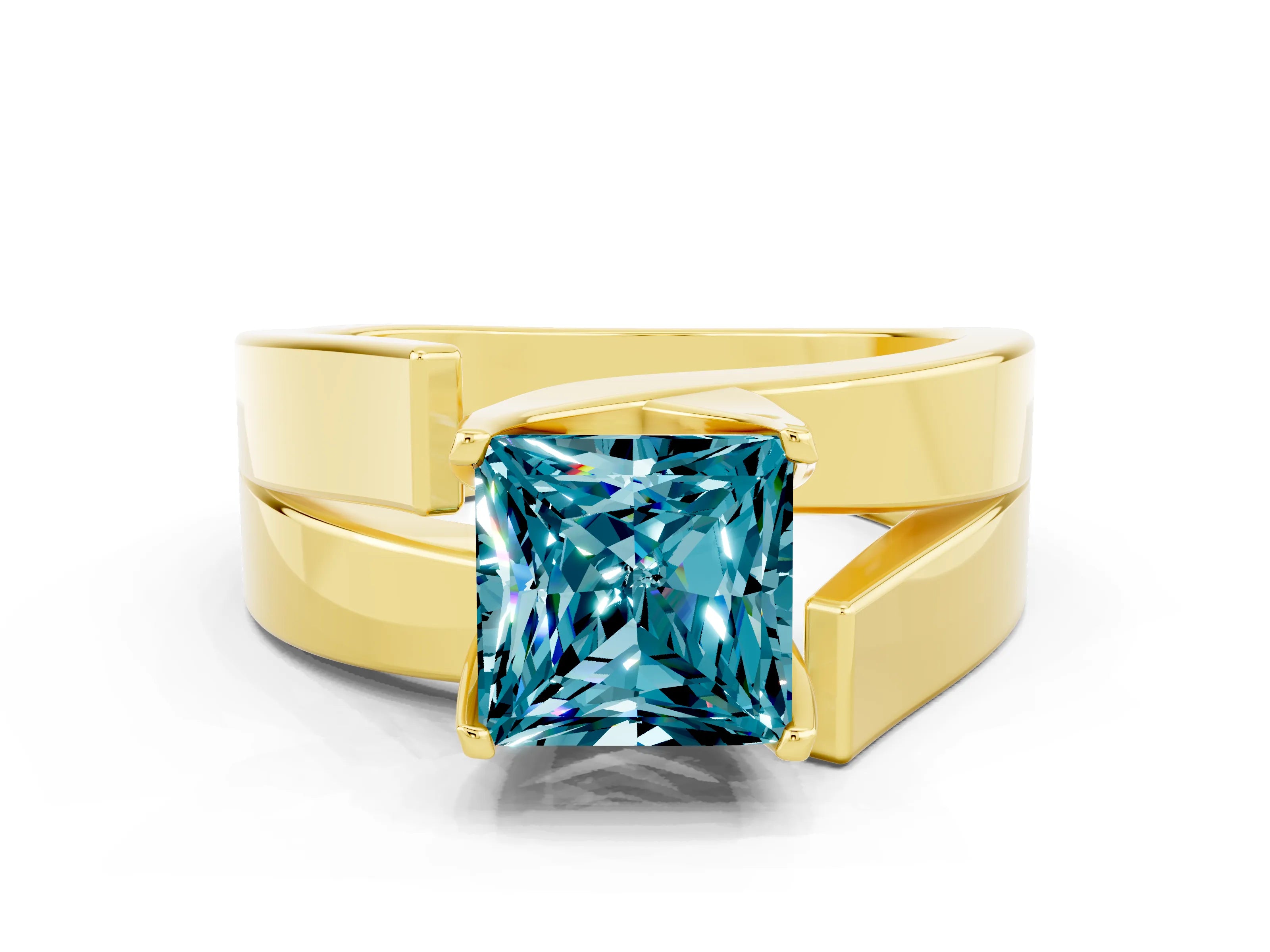 Yellow gold Modern Tension Set Princess Cut Blue Topaz Solitaire Wide Band Ring