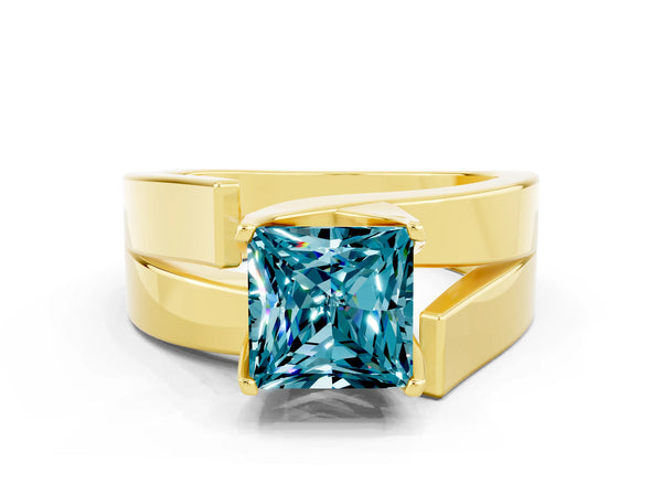 Yellow gold Modern Tension Set Princess Cut Blue Topaz Solitaire Wide Band Ring