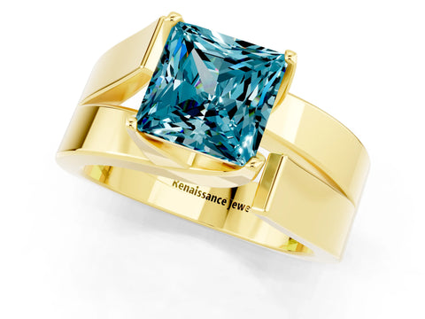 Yellow gold Modern Tension Set Princess Cut Blue Topaz Solitaire Wide Band Ring_1