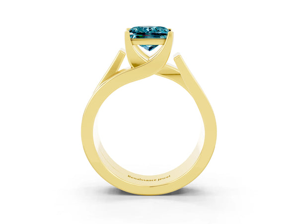 Yellow gold Modern Tension Set Princess Cut Blue Topaz Solitaire Wide Band Ring