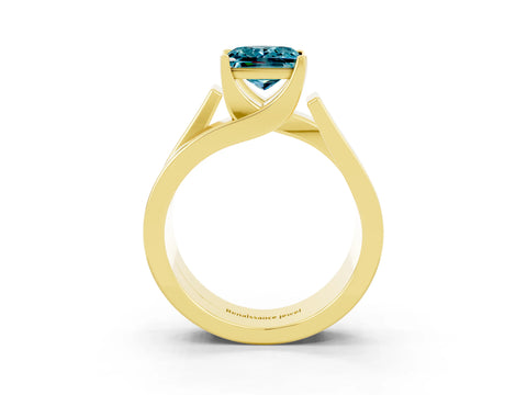 Yellow gold Modern Tension Set Princess Cut Blue Topaz Solitaire Wide Band Ring_3