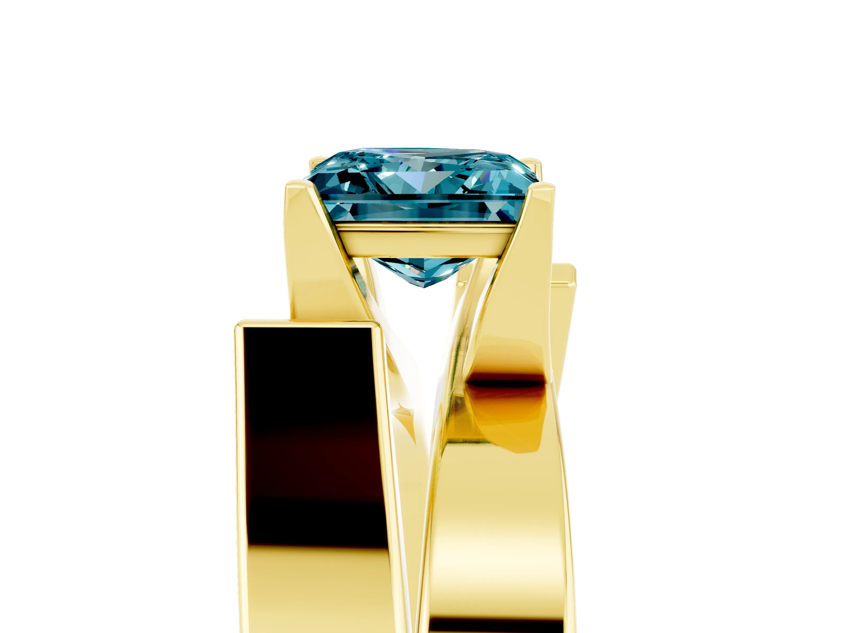 Yellow gold Modern Tension Set Princess Cut Blue Topaz Solitaire Wide Band Ring_5