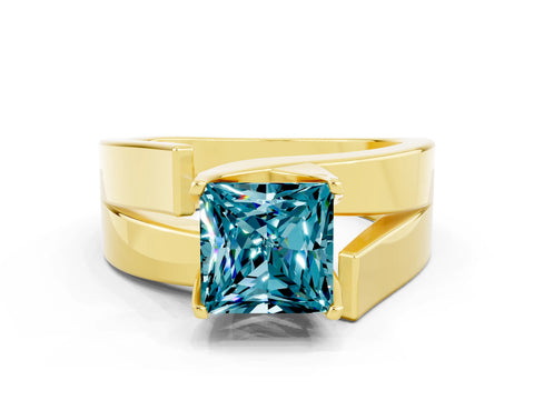 Yellow gold Modern Tension Set Princess Cut Blue Topaz Solitaire Wide Band Ring
