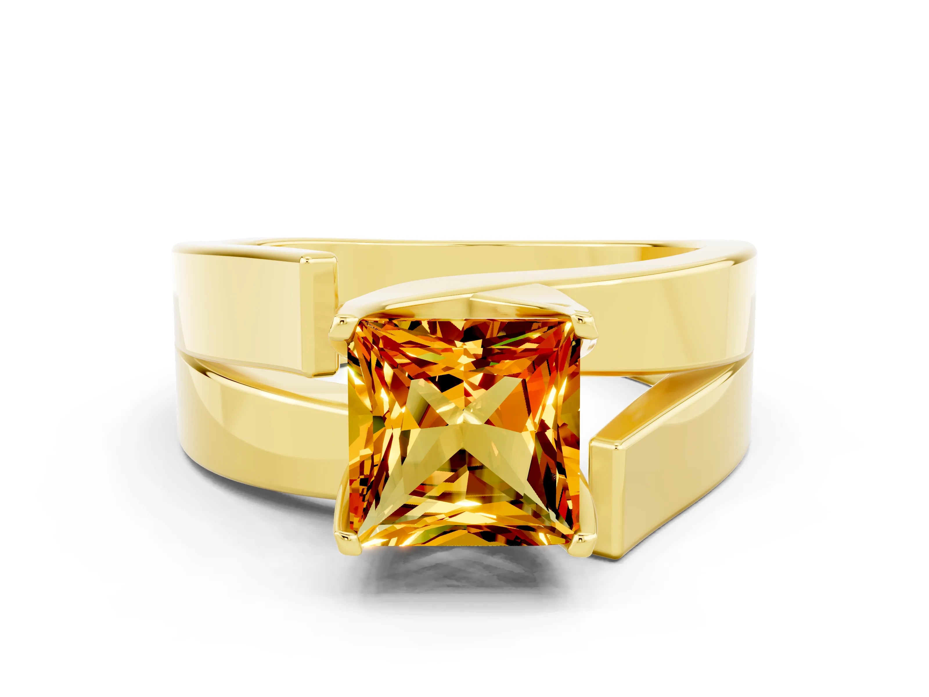 Yellow gold Modern Tension Set Princess Cut Citrine Solitaire Wide Band Ring
