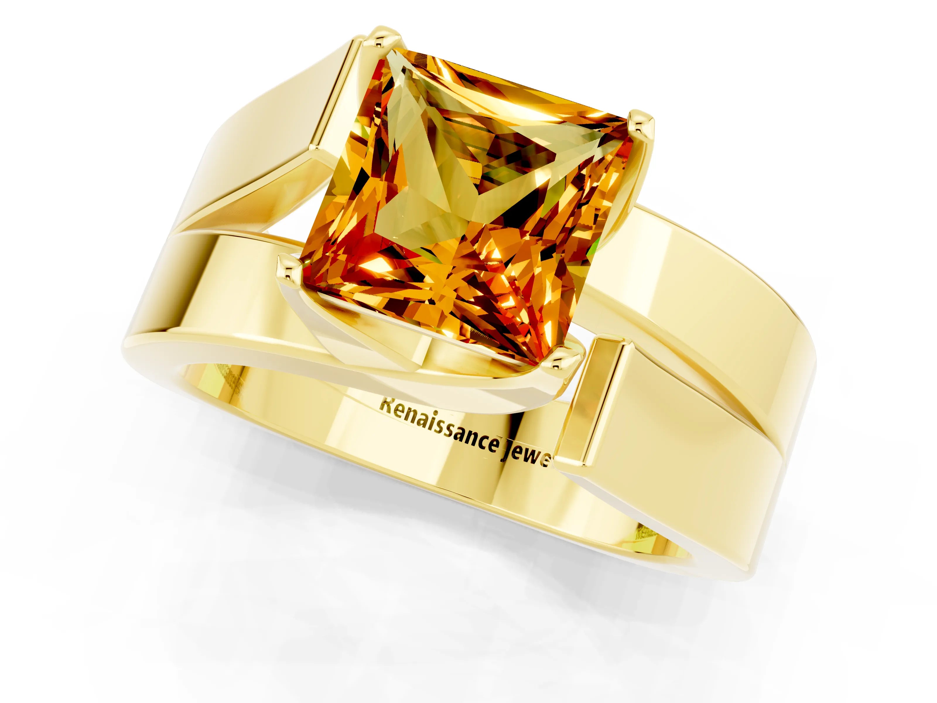 Yellow gold Modern Tension Set Princess Cut Citrine Solitaire Wide Band Ring_1