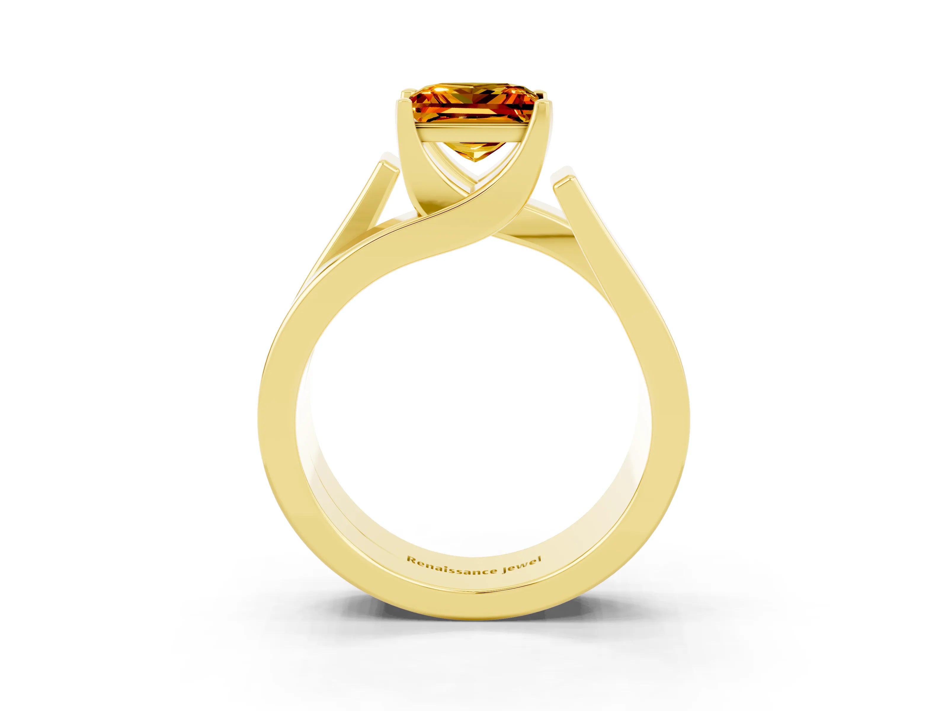 Yellow gold Modern Tension Set Princess Cut Citrine Solitaire Wide Band Ring_3