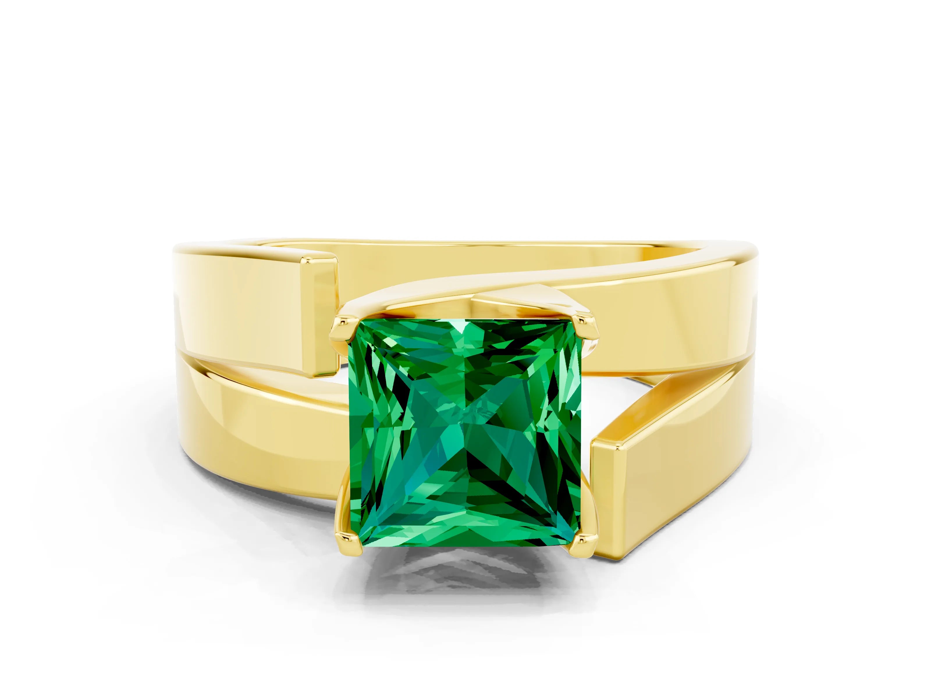 Yellow gold Modern Tension Set Princess Cut Emerald Solitaire Wide Band Ring