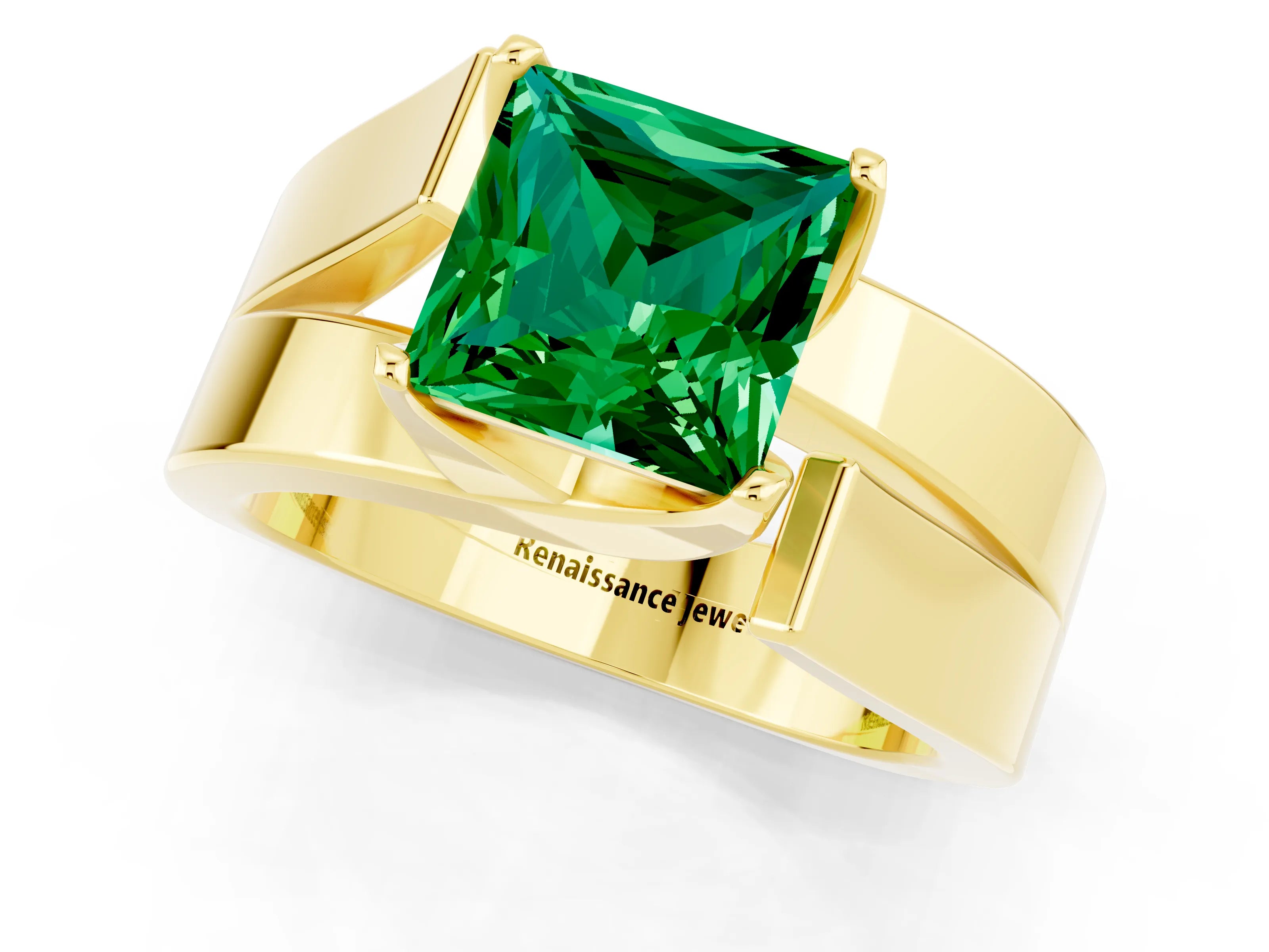 Yellow gold Modern Tension Set Princess Cut Emerald Solitaire Wide Band Ring_1