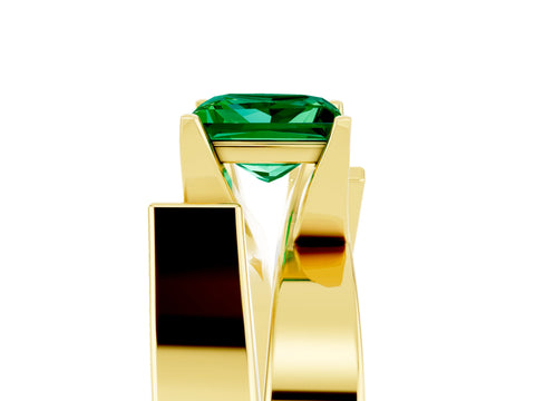 Yellow gold Modern Tension Set Princess Cut Emerald Solitaire Wide Band Ring_5