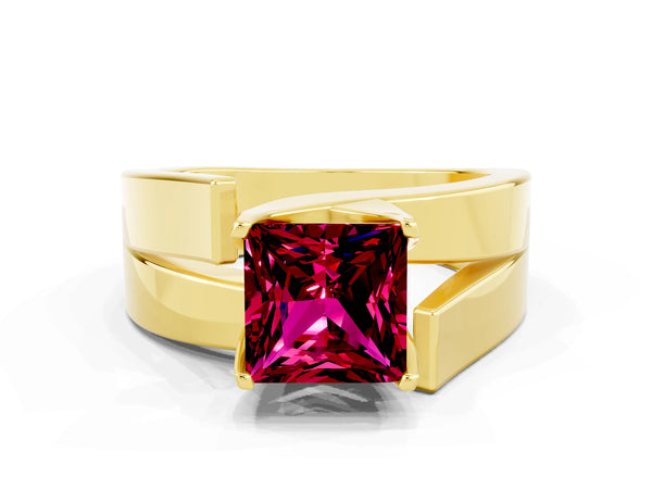 Yellow gold Modern Tension Set Princess Cut Garnet Solitaire Wide Band Ring