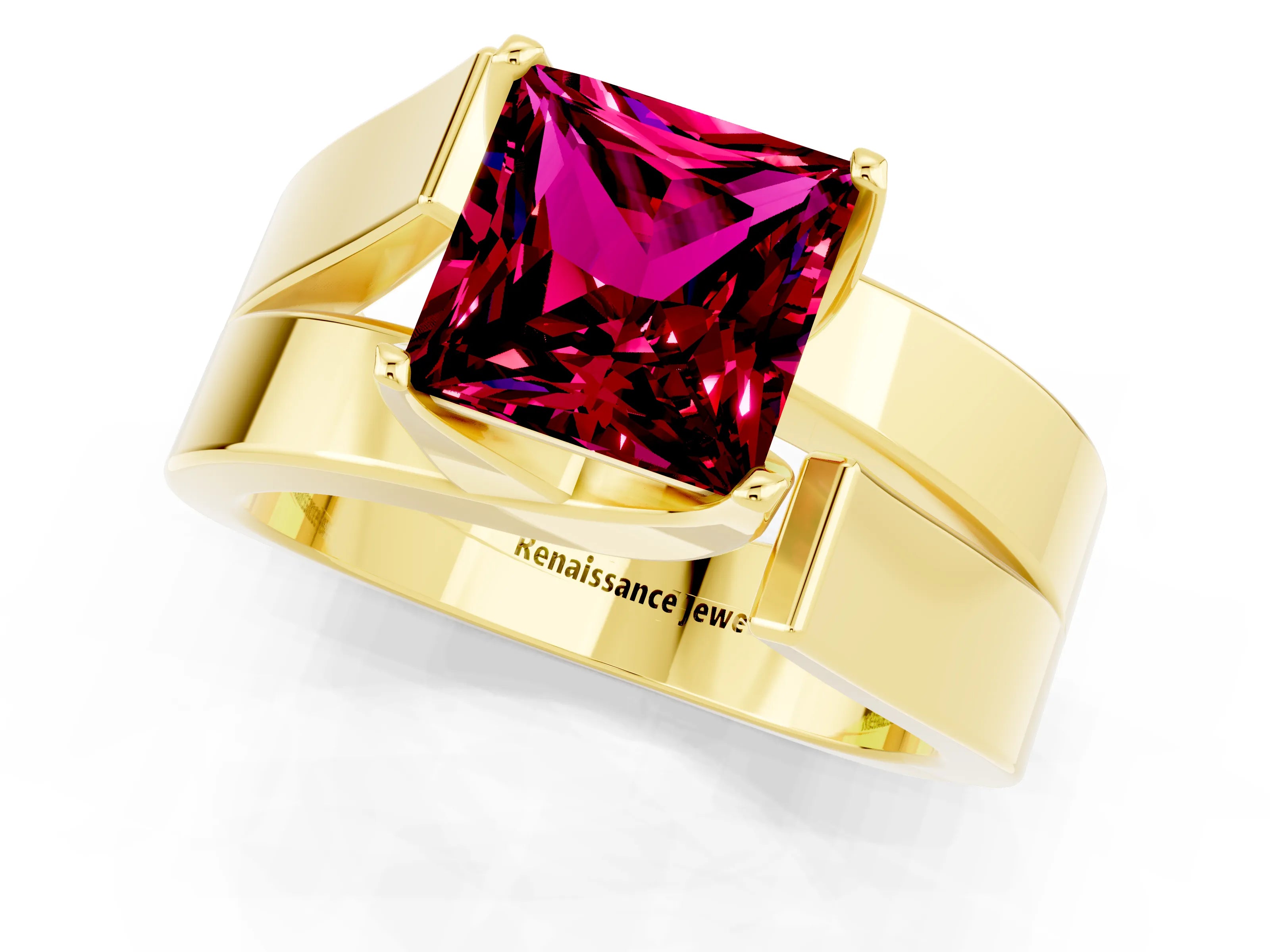 Yellow gold Modern Tension Set Princess Cut Garnet Solitaire Wide Band Ring_1