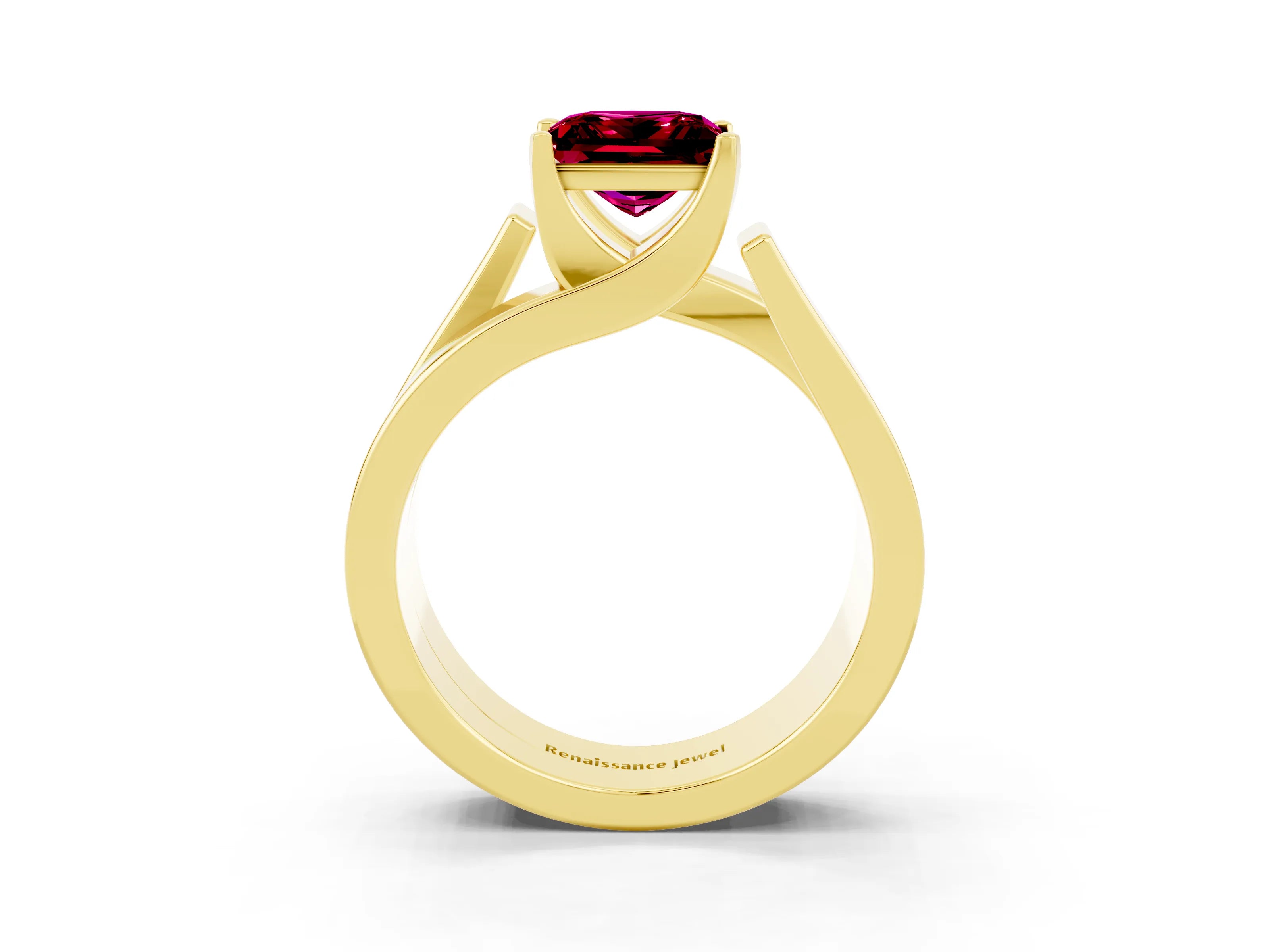 Yellow gold Modern Tension Set Princess Cut Garnet Solitaire Wide Band Ring_3