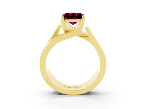 Yellow gold Modern Tension Set Princess Cut Garnet Solitaire Wide Band Ring_3