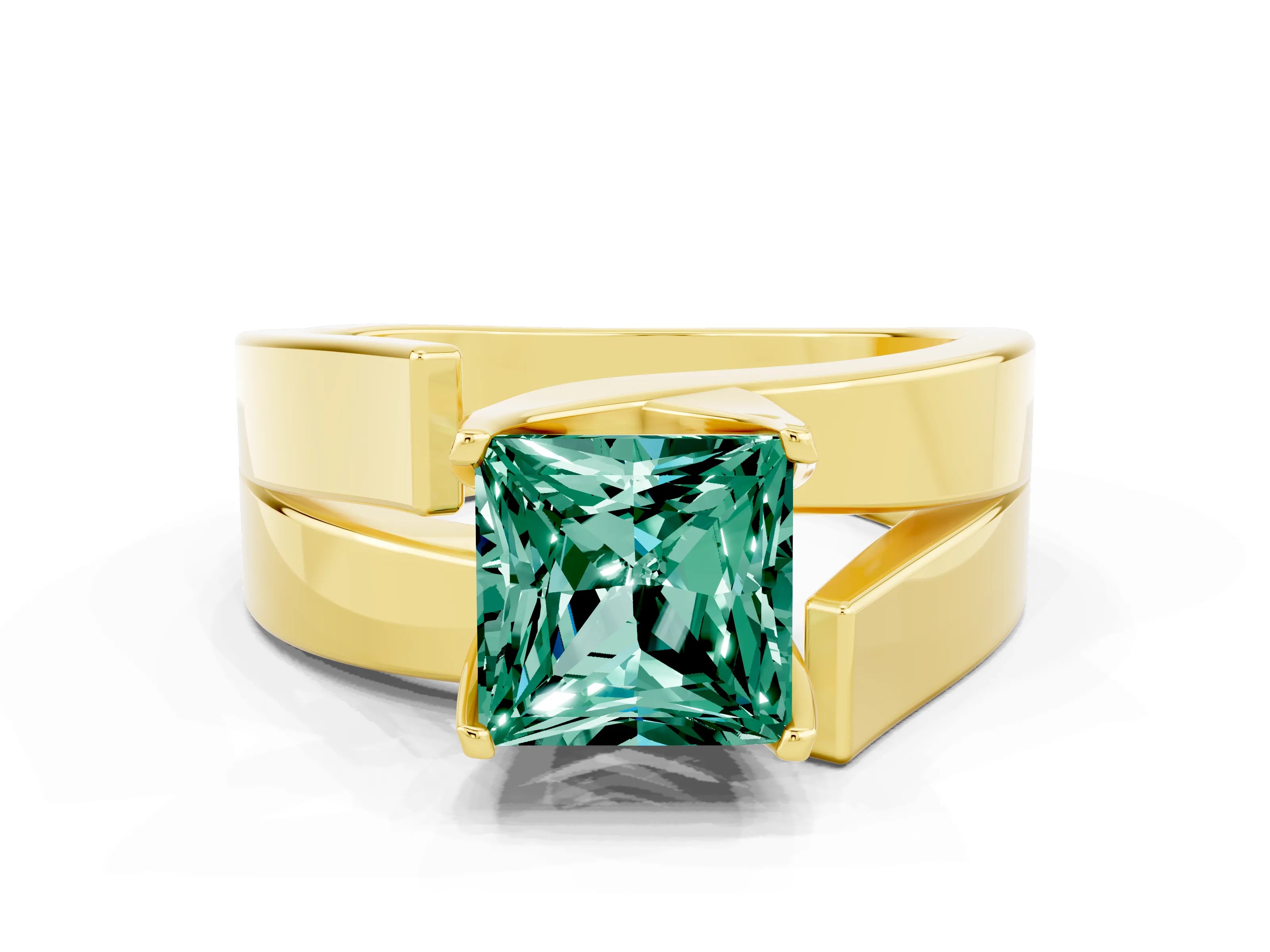 Yellow gold Modern Tension Set Princess Cut Green Sapphire Solitaire Wide Band Ring