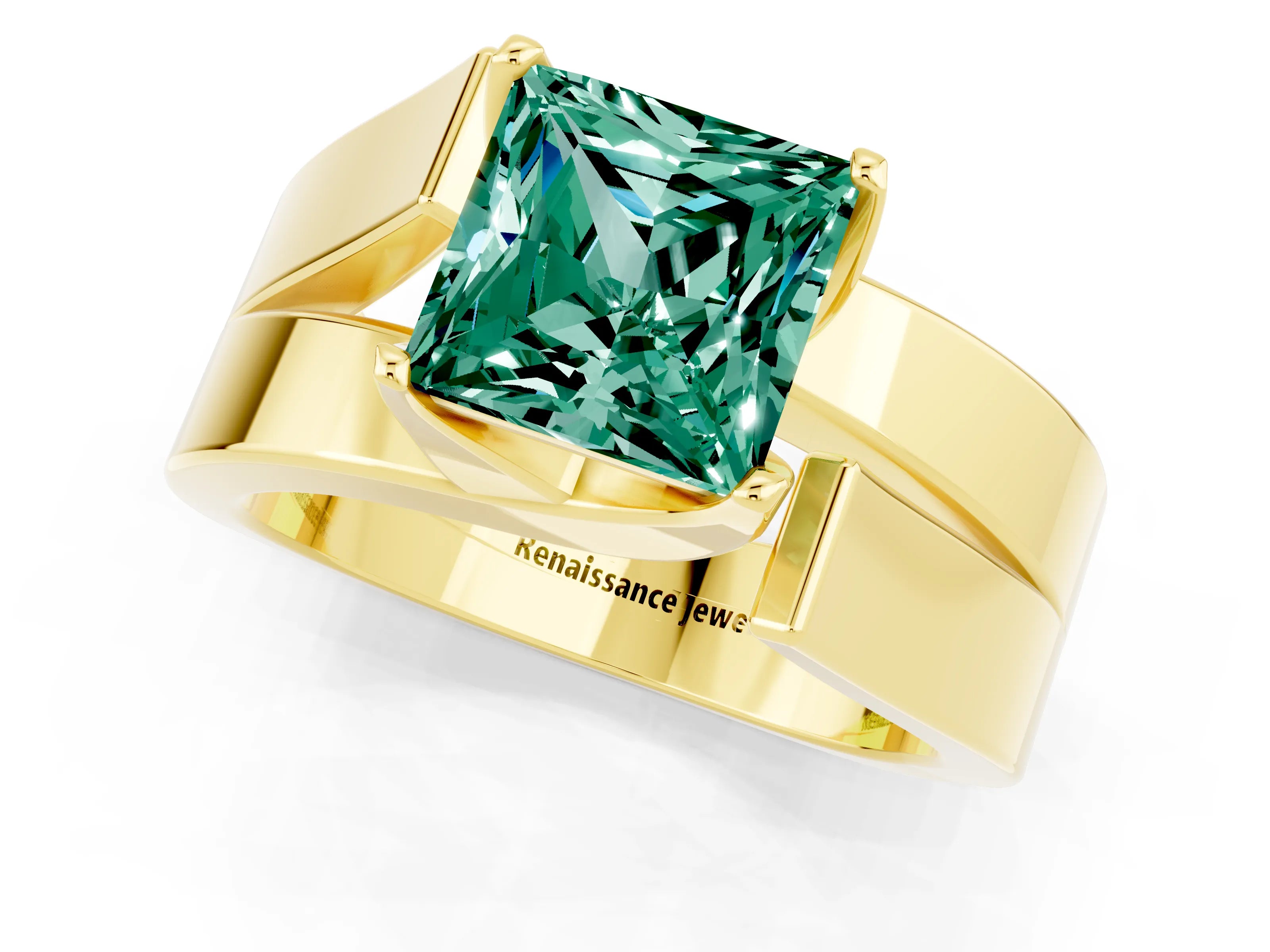 Yellow gold Modern Tension Set Princess Cut Green Sapphire Solitaire Wide Band Ring_1