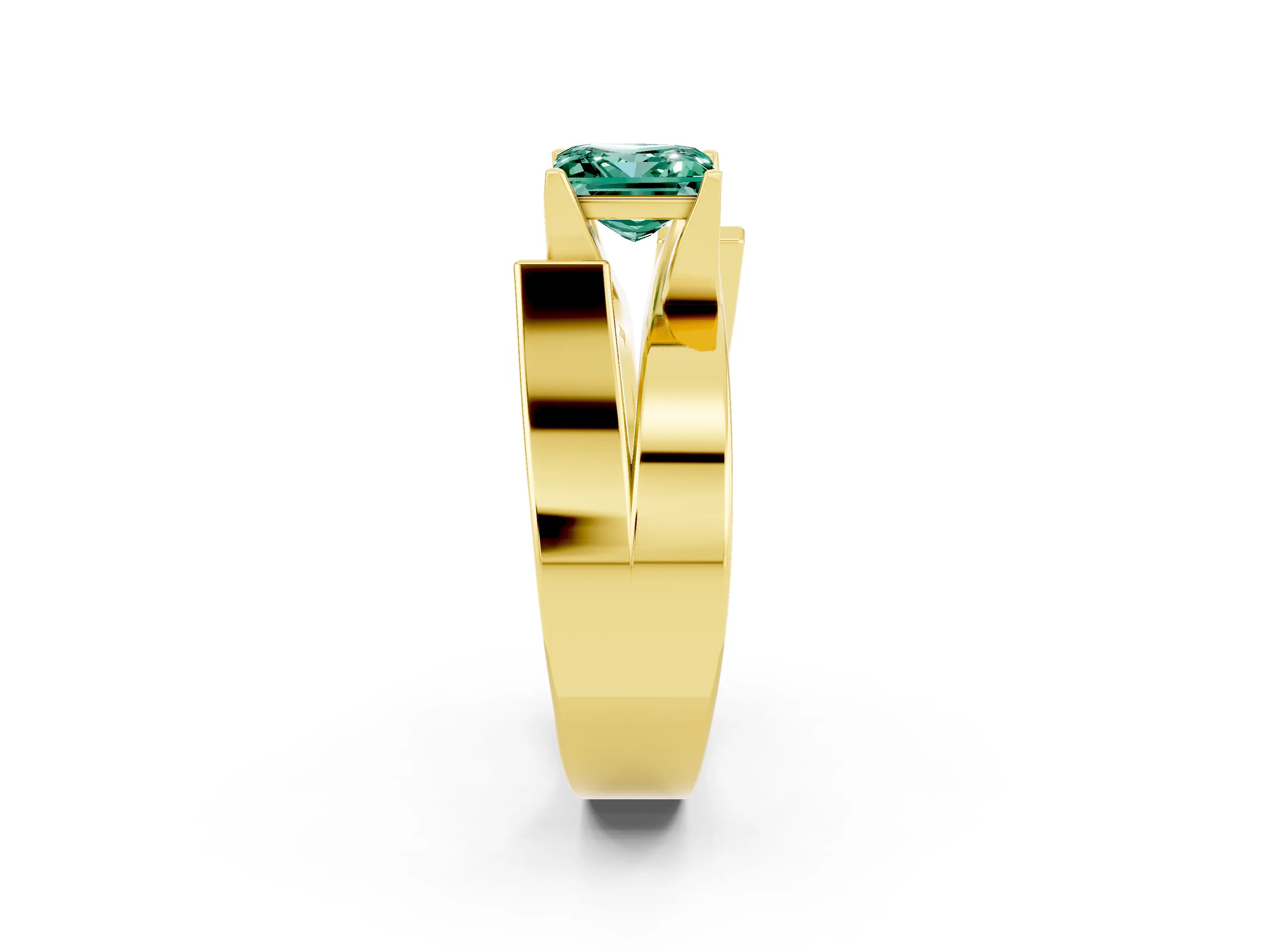 Yellow gold Modern Tension Set Princess Cut Green Sapphire Solitaire Wide Band Ring_2
