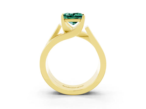 Yellow gold Modern Tension Set Princess Cut Green Sapphire Solitaire Wide Band Ring_3