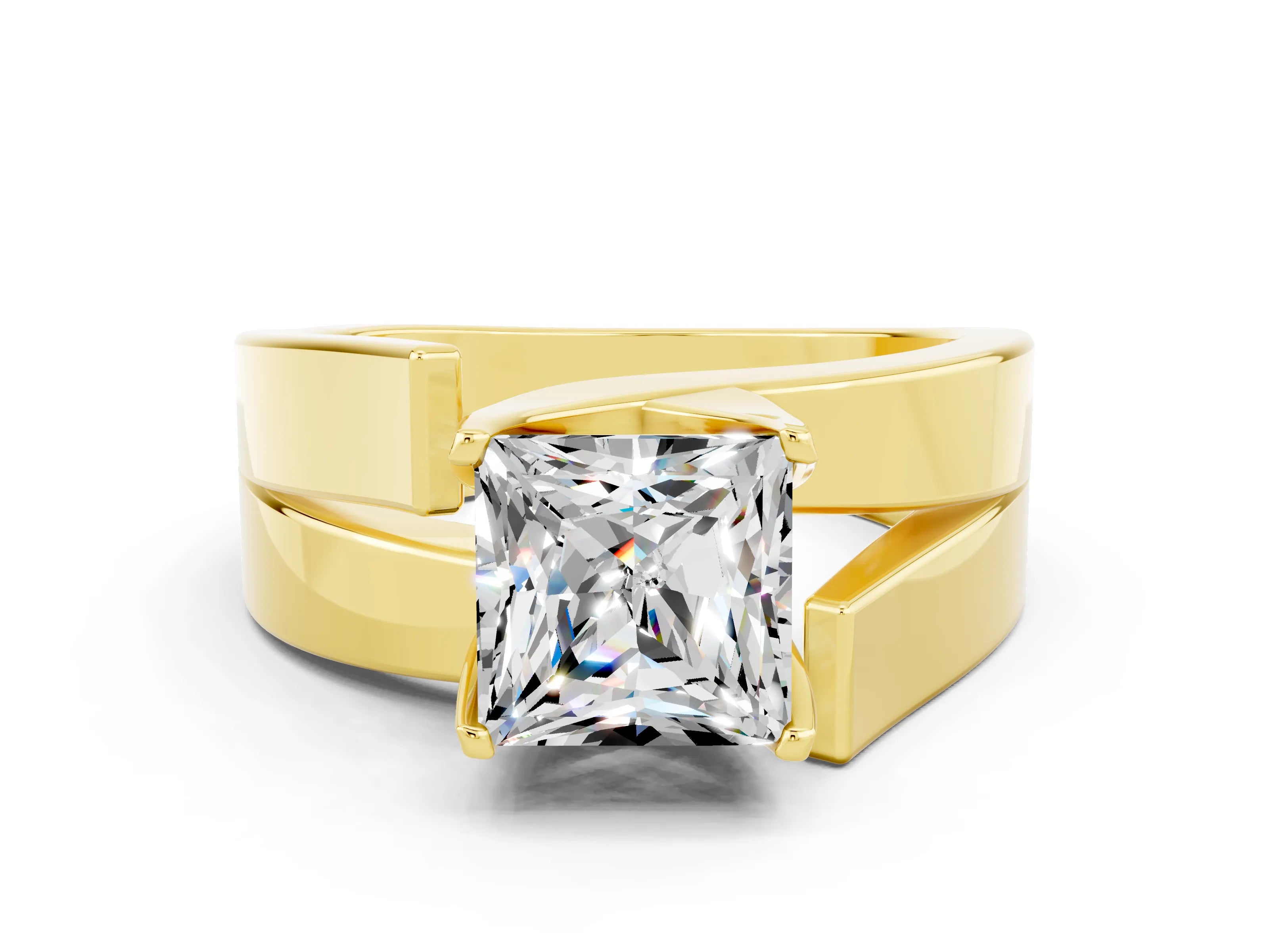 Yellow gold Modern Tension Set Princess Cut Moissanite Solitaire Wide Band Ring