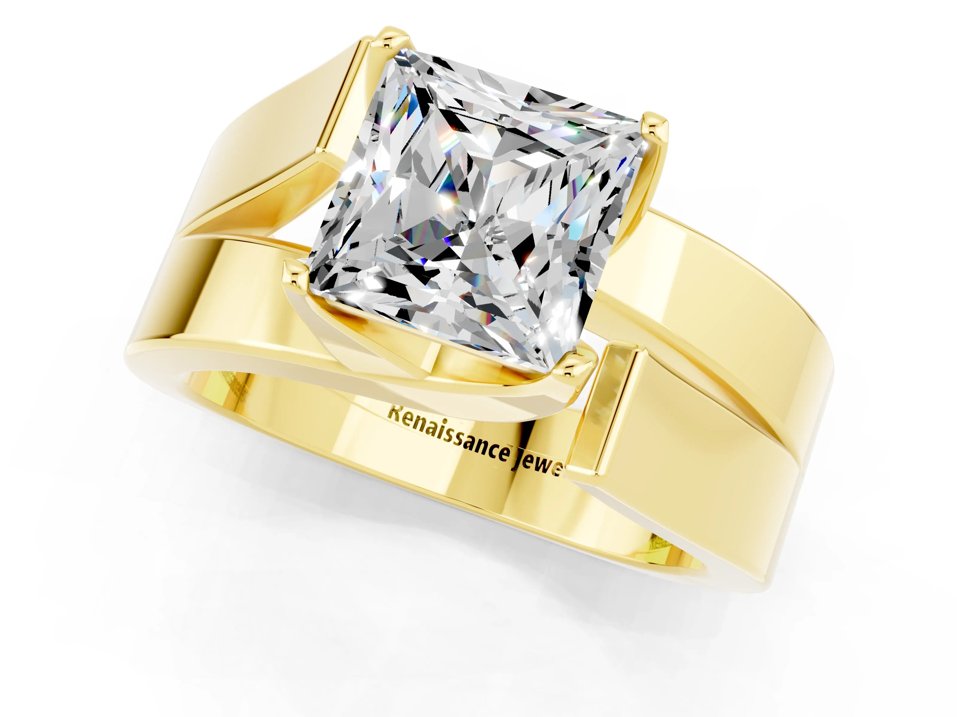 Yellow gold Modern Tension Set Princess Cut Moissanite Solitaire Wide Band Ring_1