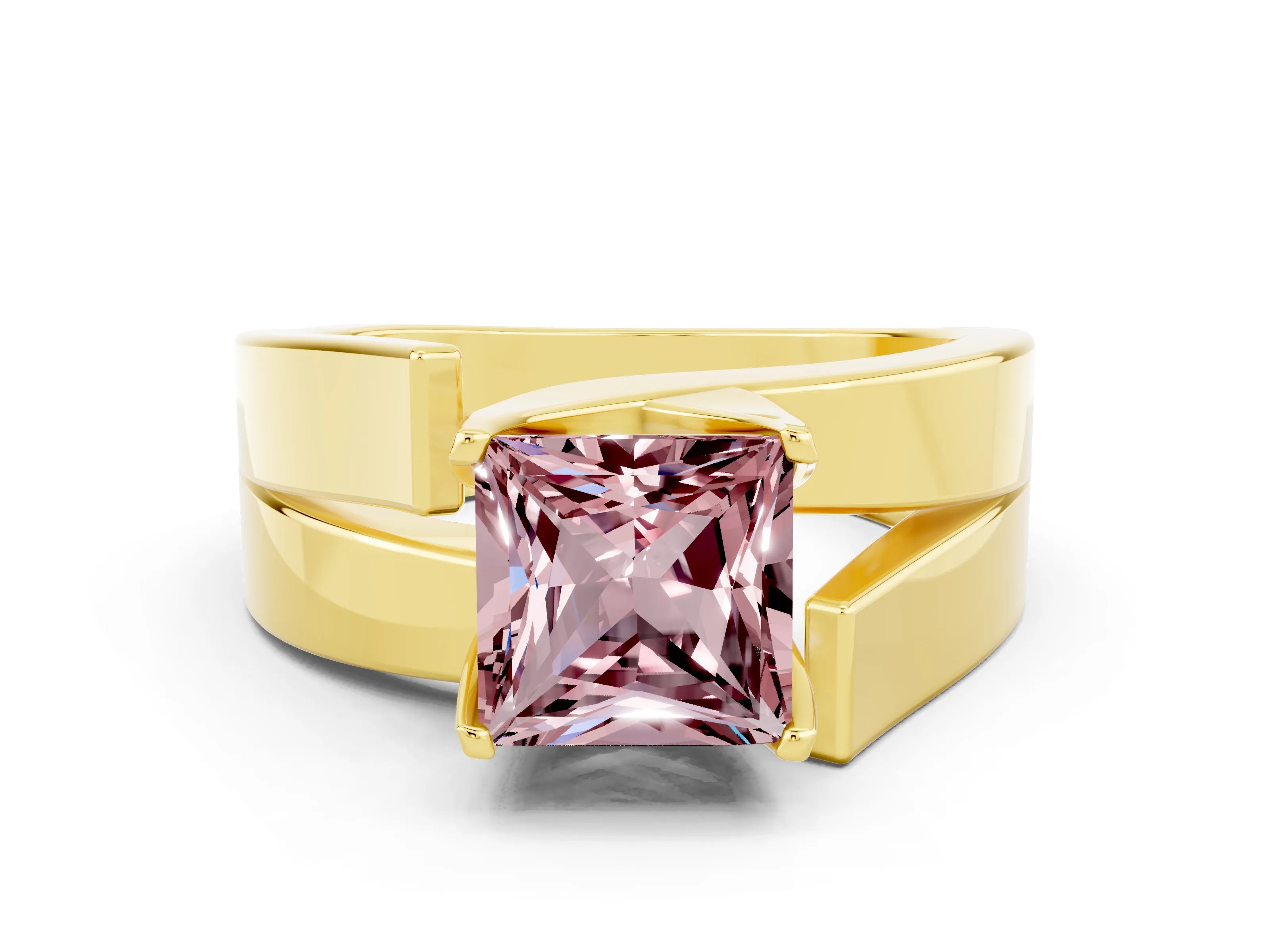 Yellow gold Modern Tension Set Princess Cut Morganite Solitaire Wide Band Ring