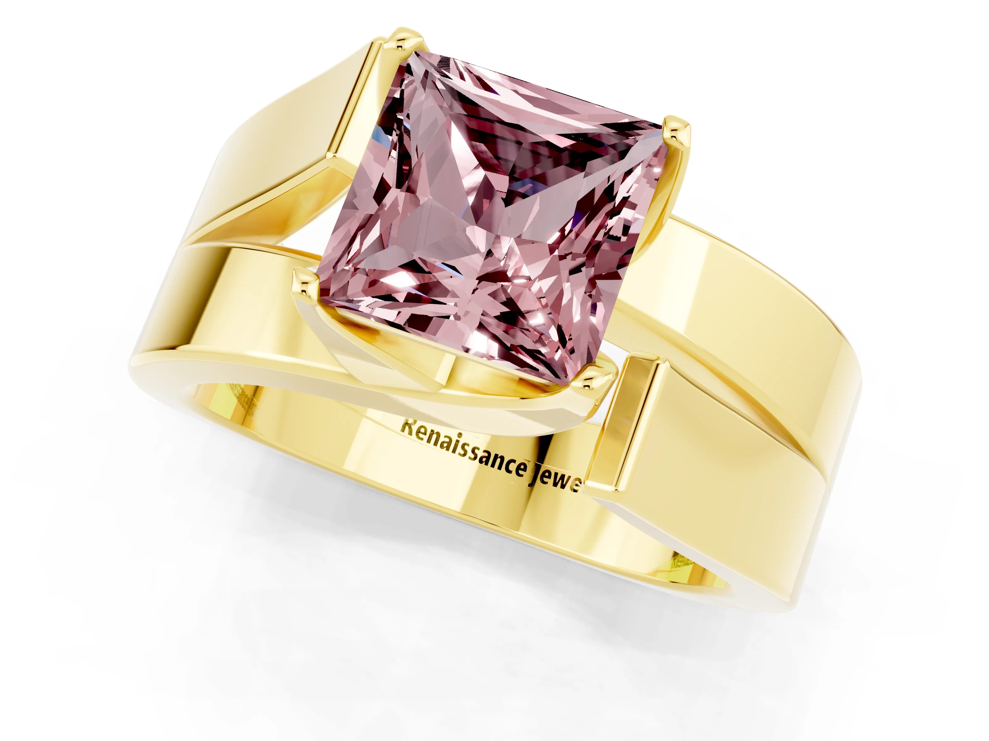 Yellow gold Modern Tension Set Princess Cut Morganite Solitaire Wide Band Ring_1