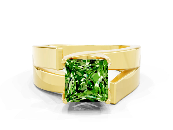 Yellow gold Modern Tension Set Princess Cut Peridot Solitaire Wide Band Ring