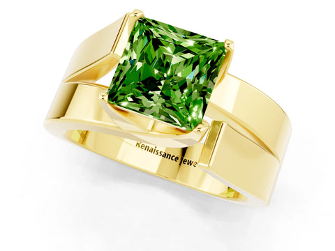 Yellow gold Modern Tension Set Princess Cut Peridot Solitaire Wide Band Ring_1