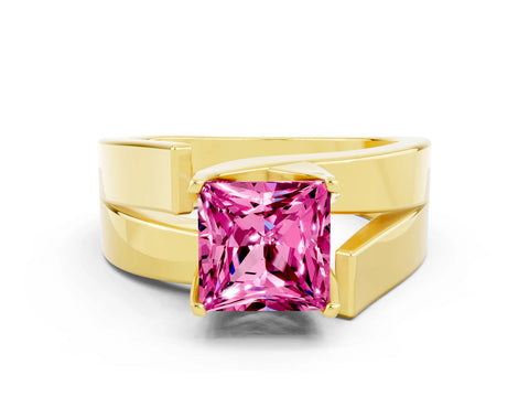 Yellow gold Modern Tension Set Princess Cut Pink Sapphire Solitaire Wide Band Ring_12