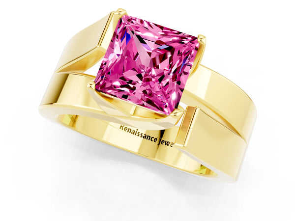 Yellow gold Modern Tension Set Princess Cut Pink Sapphire Solitaire Wide Band Ring