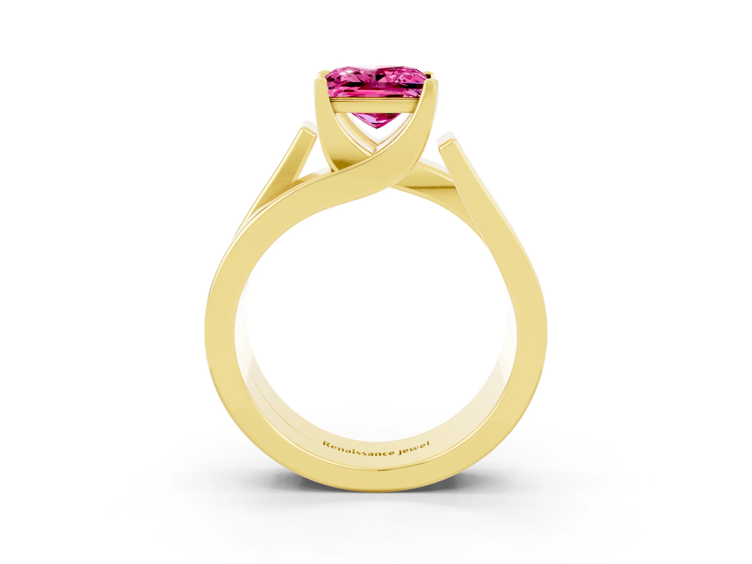 Yellow gold Modern Tension Set Princess Cut Pink Sapphire Solitaire Wide Band Ring_15