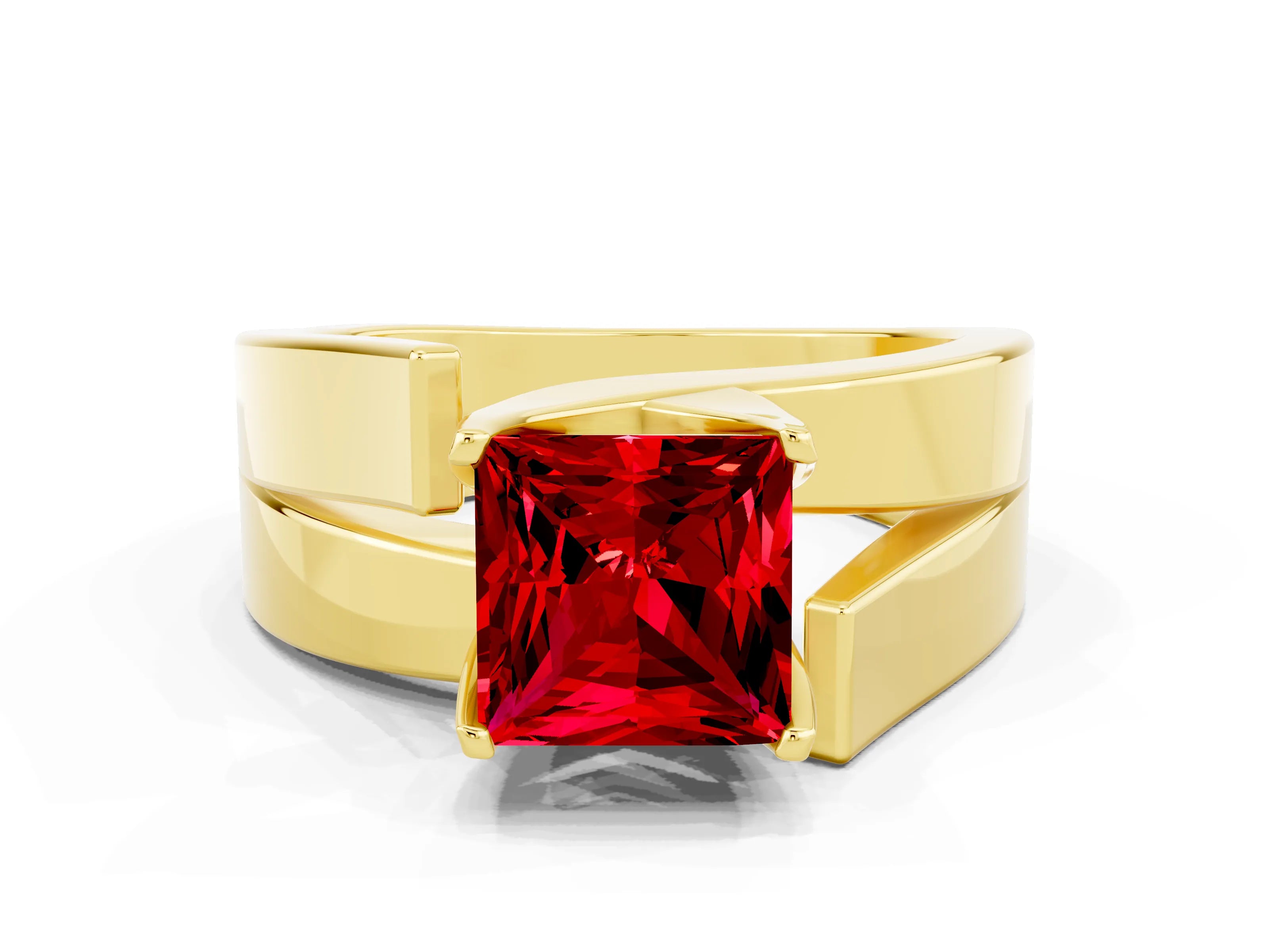 Yellow gold Modern Tension Set Princess Cut Ruby Solitaire Wide Band Ring