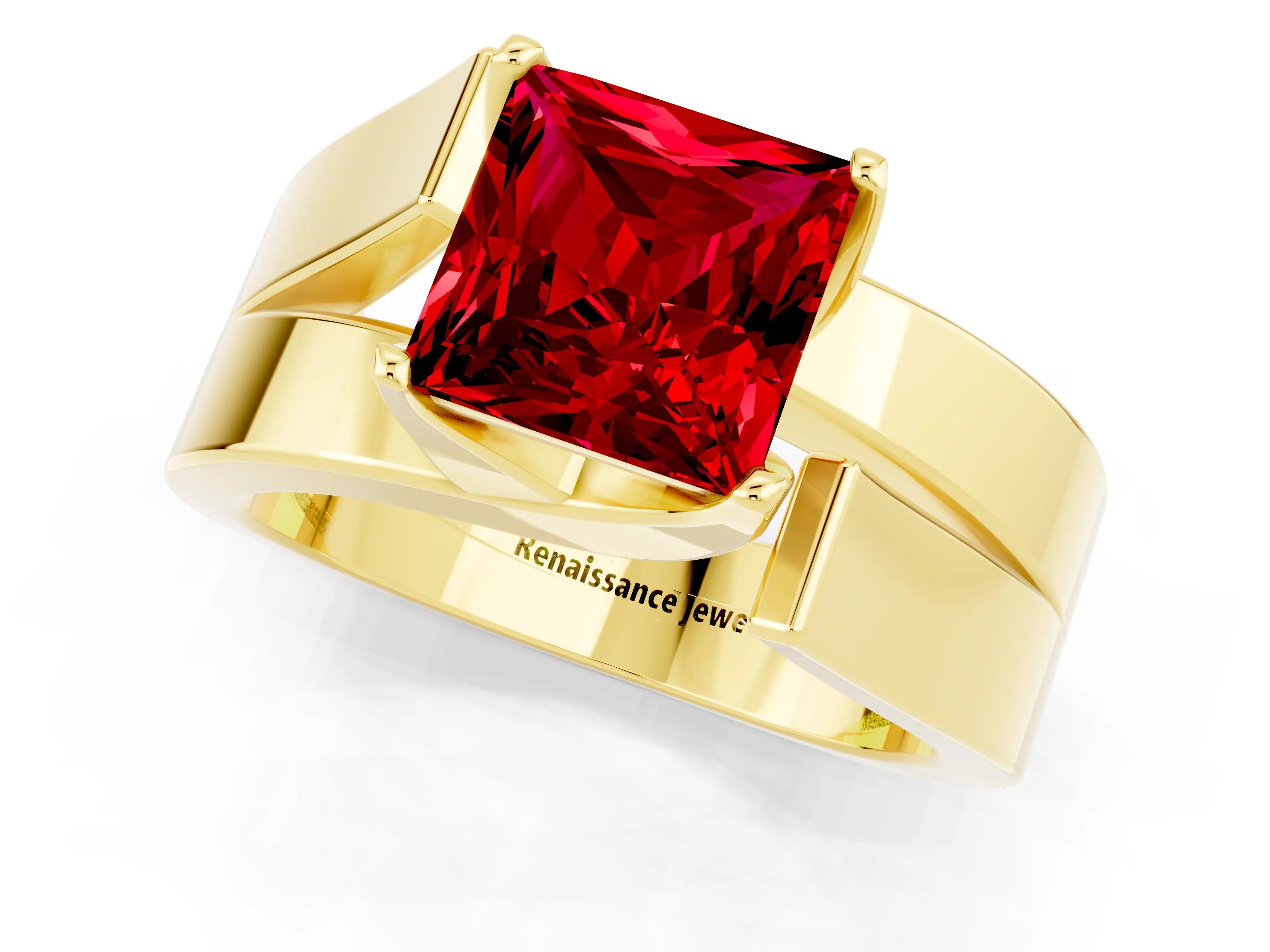 Yellow gold Modern Tension Set Princess Cut Ruby Solitaire Wide Band Ring_1