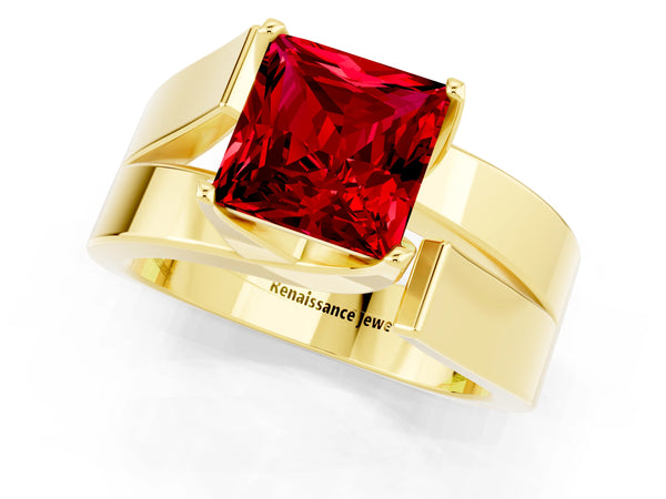 Yellow gold Modern Tension Set Princess Cut Ruby Solitaire Wide Band Ring