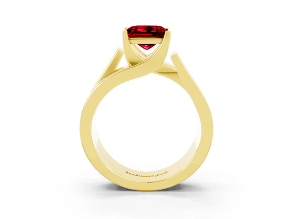 Yellow gold Modern Tension Set Princess Cut Ruby Solitaire Wide Band Ring