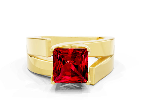 Yellow gold Modern Tension Set Princess Cut Ruby Solitaire Wide Band Ring