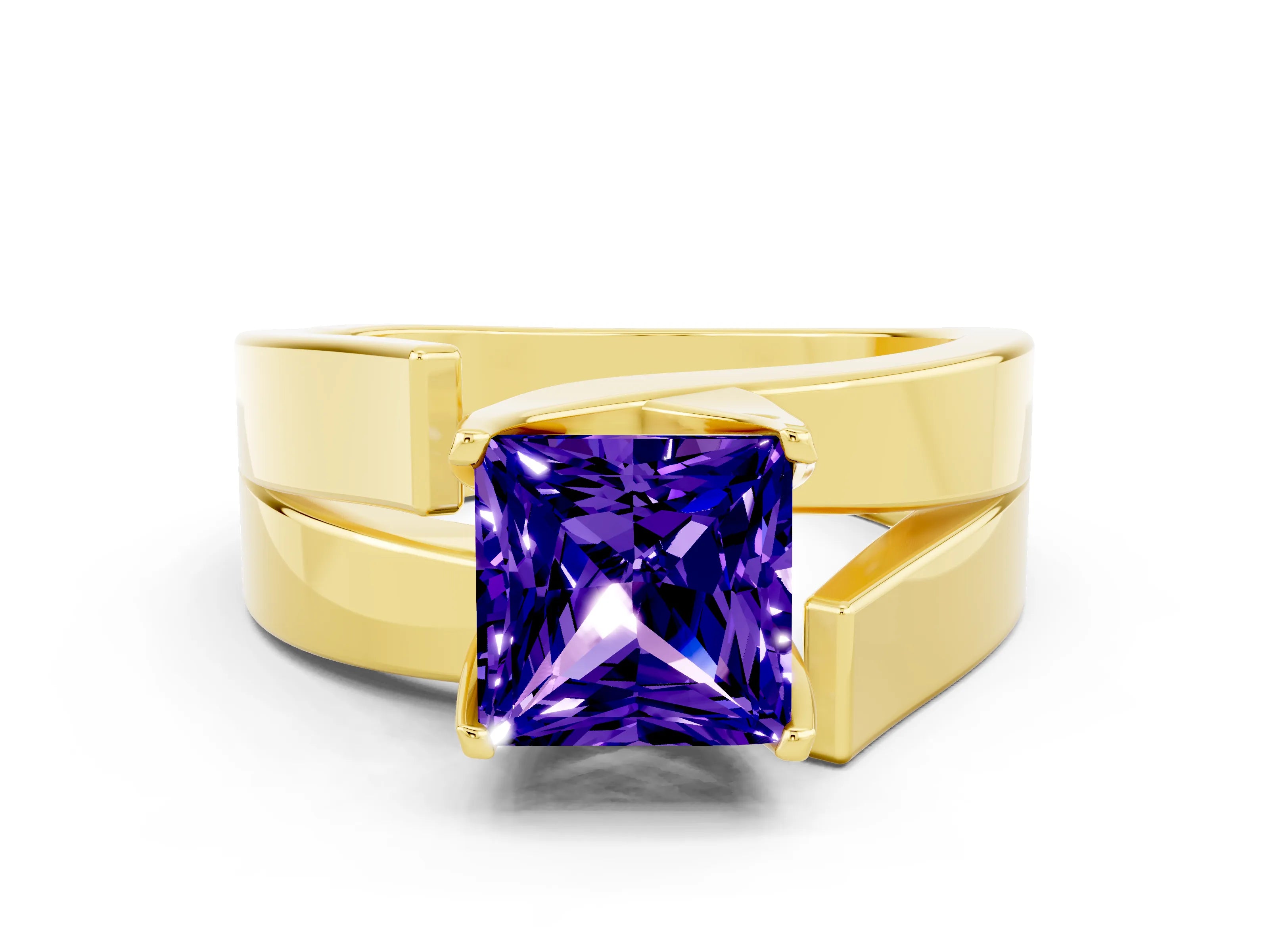 Yellow gold Modern Tension Set Princess Cut Tanzanite Solitaire Wide Band Ring