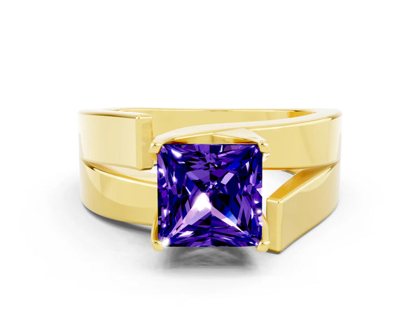 Yellow gold Modern Tension Set Princess Cut Tanzanite Solitaire Wide Band Ring