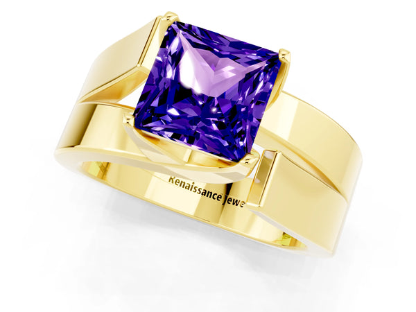 Yellow gold Modern Tension Set Princess Cut Tanzanite Solitaire Wide Band Ring
