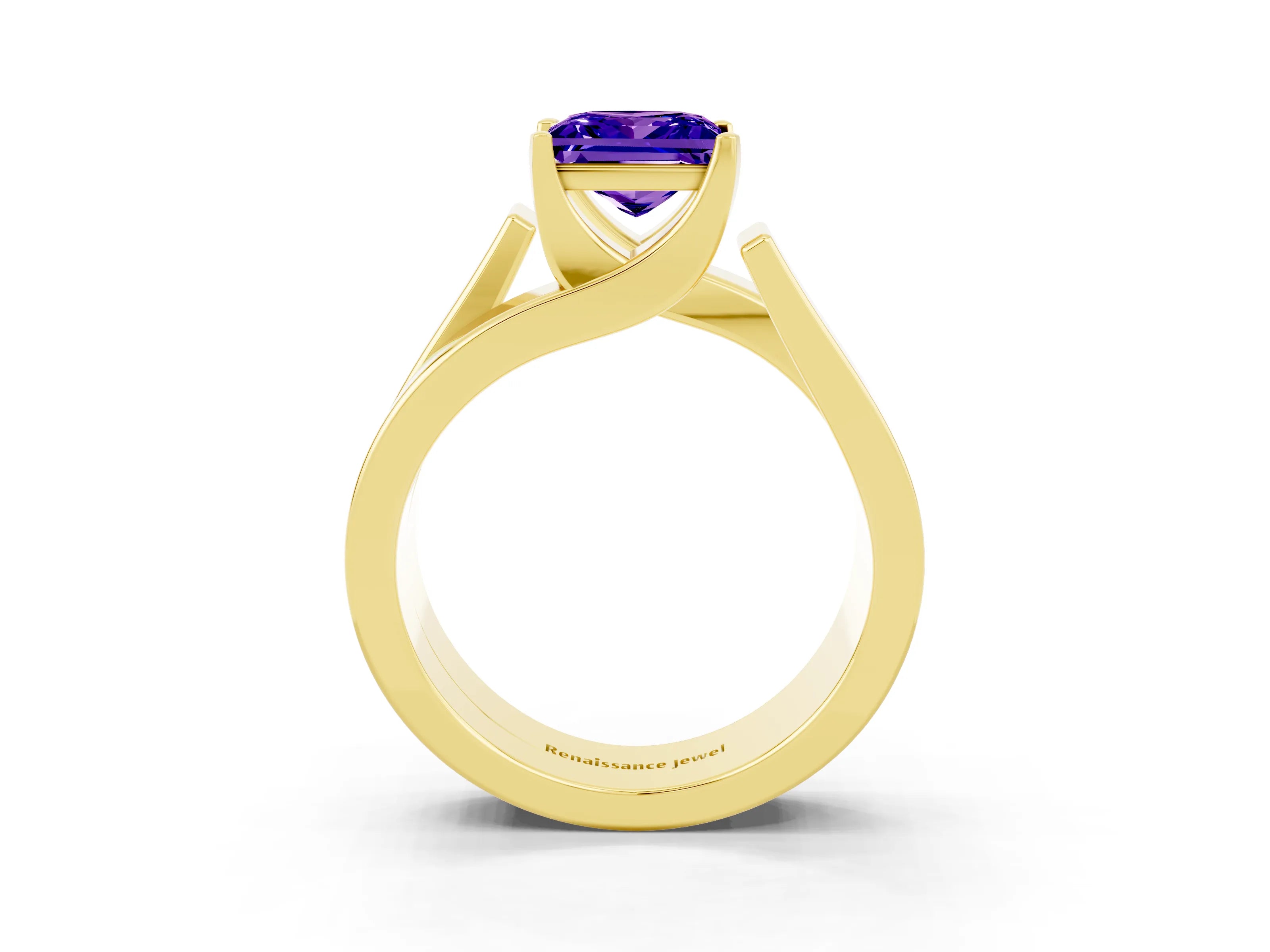 Yellow gold Modern Tension Set Princess Cut Tanzanite Solitaire Wide Band Ring_3
