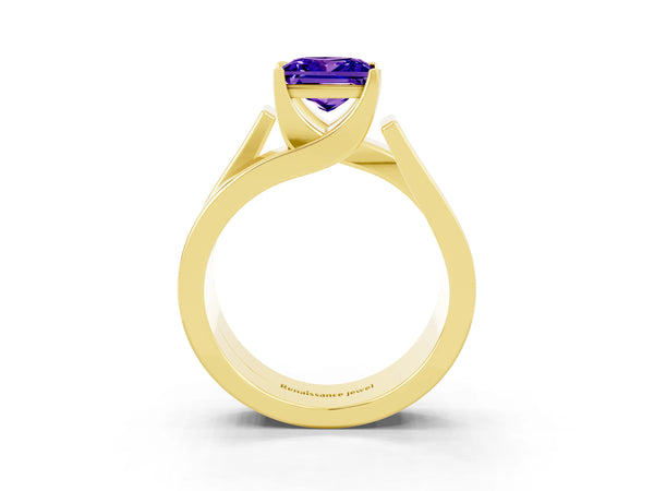Yellow gold Modern Tension Set Princess Cut Tanzanite Solitaire Wide Band Ring