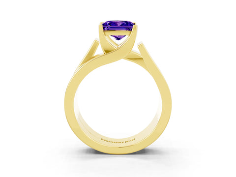 Yellow gold Modern Tension Set Princess Cut Tanzanite Solitaire Wide Band Ring_3