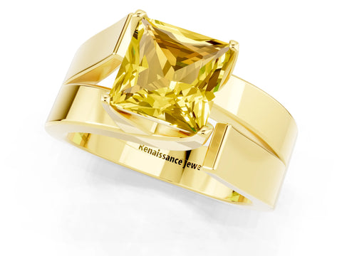 Yellow gold Modern Tension Set Princess Cut Yellow Sapphire Solitaire Wide Band Ring_13